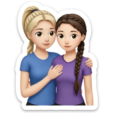 Comforting Hug two white skin women, one shorter woman with medium brown simple top ponytail, not braided, and one taller woman with a single long black side braid sticker