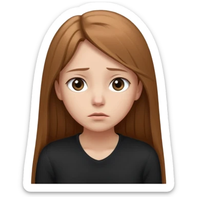 emoji of a girl with long, straight light brown hair, fair skin, soft grey eyes. Wearing a black. Standing slightly apart from a group of people, shoulders slightly hunched, arms loosely at her sides, head tilted down, eyes looking away. Nervous, unsure, miserable, and afraid.  sticker