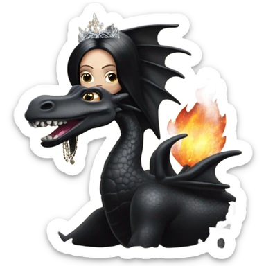 Victorian evening dressed, young Morticia Addams Jedi wearing a mini tiara, riding on the back of a very large black shiny evil-looking fire-spewing horned dragon sticker