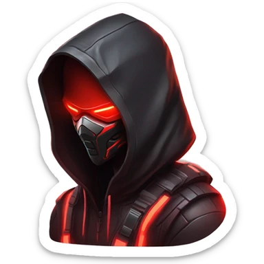 developer behind his laptop with this style : crysis Cyberpunk Riot Games Valorant neon glowing bright red character red dark black hooded assassin themed character sticker
