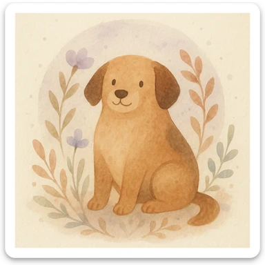<systemPrompt>
  <style name="Watercolor Botanical Illustration">
    <medium>Watercolor</medium>
    <texture>
      <paper>Soft cotton texture, subtle grain</paper>
      <wash>Transparent color washes with visible layering</wash>
    </texture>
    <palette>
      <primary>Muted earth tones (browns, reds)</primary>
      <accent>Pastel purples and blues</accent>
      <background>Faded lavender wash with scattered dots</background>
    </palette>
    <details>
      <linework>Minimal, soft edges, no outlines</linework>
      <shading>Natural blending, subtle tonal gradients</shading>
      <features>
        <botanical>Organic shapes, abstract leaf and petal structures</botanical>
        <animal>Round forms, friendly expressions, simplified anatomy</animal>
      </features>
    </details>
    <composition>
      <focus>Centered subject</focus>
      <background>Soft circular watercolor wash</background>
      <spacing>Balanced with gentle whitespace</spacing>
    </composition>
    <atmosphere>Whimsical, serene, hand-painted</atmosphere>
  </style>
  <instructions>
    Use this style for all elements in the image. Ensure the soft watercolor texture is preserved across both the subject and background. Emphasize organic, natural forms with minimal sharp detail.
  </instructions>
</systemPrompt>

{subject} = dog sticker