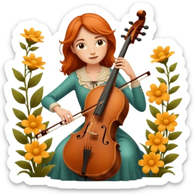 nature bard woman with freckles playing wooden cello among flowers sticker