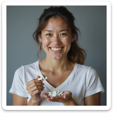 hyperrealistic 4K vertical 9:16 image of a woman with signs of insulin resistance including acanthosis nigricans and slight overweight, holding Metformin, hopeful expression, isolated white background sticker