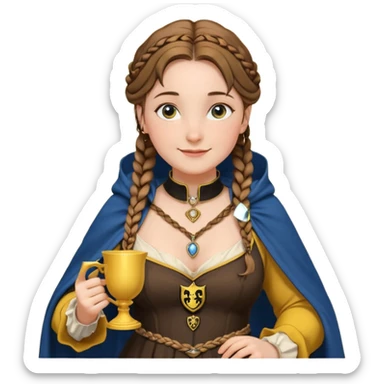 Helga Hufflepuff, blue eyes, brown-haired, two brown braids, yellow-black medieval dress, black cloak decorated with gold braiding, tiny gold cup with two handles, very kind smile, curvy busty sweet woman, macromastia, thick round rosy cheeks, gold pendant with round black stone sticker
