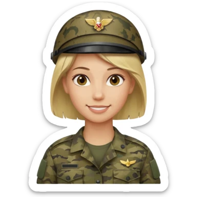 Apple-style emoji: female soldier, bust, no cap/helmet, friendly smile, generic camo top, blonde hair sticker
