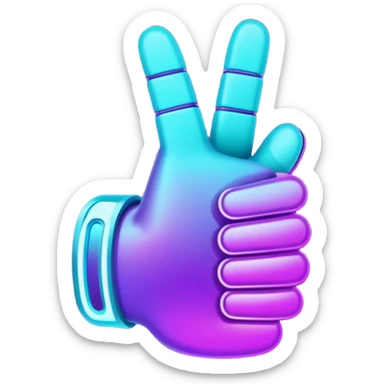 futuristic glowing thumbs up, neon purple and cyan light, dark background, digital tech style sticker