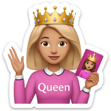 Crear una reina morena clara con ropa rosa sosteniendo la palabra Queen en sus manos sticker