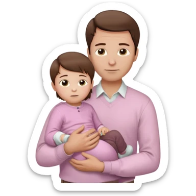 A father with neatly combed chestnut-brown hair, wearing a white button-up shirt and light khaki pants, holding his child close. The child has silky dark hair and a pale pink sweater. Bright natural light, clean and gentle mood. sticker