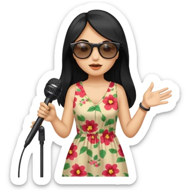 long haired woman with summer clothes and sun glasses holding microphone sticker