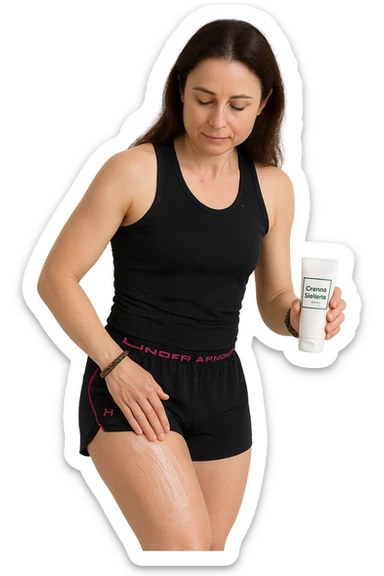 Donna con cellulite sulle cosce che usa una crema chiamata "Crema snellente" senza mano in alto sticker