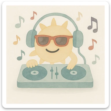 Add floating musical notes around the sun DJ in watercolor art style. sticker