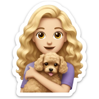 blonde long wavy hair girl holding a cute poodle dog with short ears wavy fur sticker