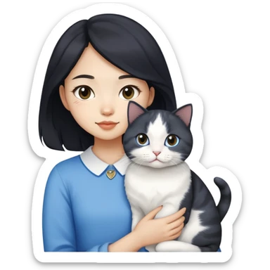 Asian girl, light skin, black slightly curly medium-long hair, holding a British short-haired blue and white cat sticker