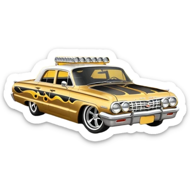 Hot rod custom 1964 impala low rider four door Anubis painted hood flaming side pipes sticker