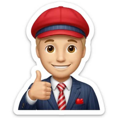 smiling man in a pinstripe suit and red cap, giving a thumbs up, emoji style sticker