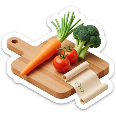 carrot tomato brocoli on the wooden cutting board with floating rolled paper list with checkbox sticker