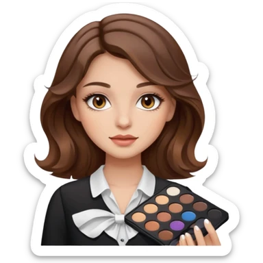 Una chica con ojos color café claro, cabello castaño ondulado maquillada, sosteniendo una paleta de sombras y la blusa que sea color blanca estilo moderno sticker