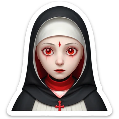cursed village nun portrait, head and shoulders only, dark hood, mysterious expression, red accents, eerie glow, 3D cartoon, mobile game icon style, clean background, no text, no watermark

 sticker