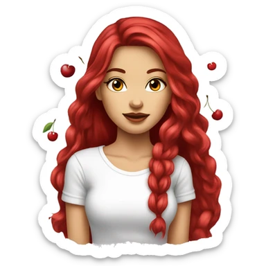 cherry red long hair beautiful woman wear white t-shirt with cherry print  sticker