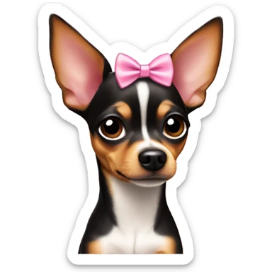 Miniature pinscher chihuahua mix wearing a pink bow sticker
