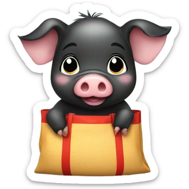 Cute baby black pig having 4 lucky bags. sticker