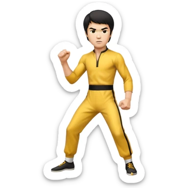 fierce Bruce Lee, ready to fight stance, focused eyes, yellow jumpsuit sticker