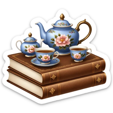 A beautiful vintage tea set stands on a brown book sticker