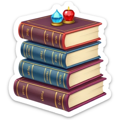 A stack of colorful spellbooks that look like they came out of a fine victorian library sticker
