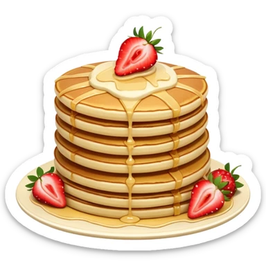 a stack of 3 pancakes with melted white chocolate drizzle on the top pancake and strawberries sticker