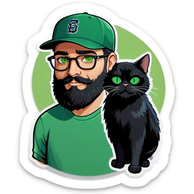 A bold man with a grey baseball cap, green eyes, big beard and glasses holding a black cat sticker