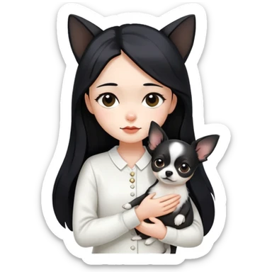 A girl with fair skin, long black hair, white clothes, gently tilting her head, holding a black Chihuahua tightly with both hands sticker