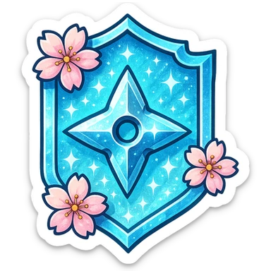 Anime-inspired Japanese style badge for Diamond rank: traditional crest shape with icy blue and white gradient, sakura (cherry blossom) accents, ninja star, bold highlights and shadows, sparkly effects, no text, sized for Twitch or Discord use, transparent background. sticker
