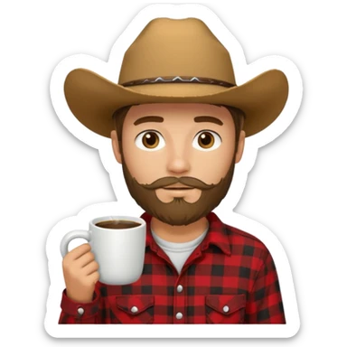 generate an ios genmoji of a 20 year old tan boy with a cowboy hat and french beard. Wearing a flannel and carrying a coffee mug sticker