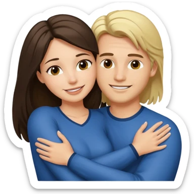 A happy boyfriend and girlfriend hug. She is brunette sexy with long hair. He is blonde short hair sticker