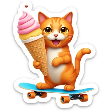 orange cat riding a skateboard and eating an ice cream cone sticker