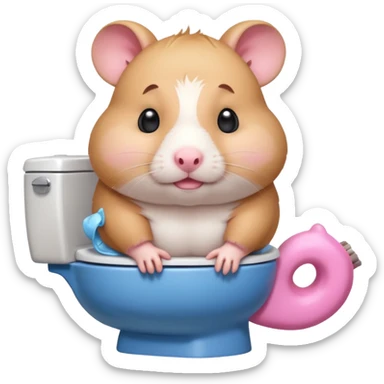 Cute chubby cartoon-style hamster sitting on toilet pooping looking as if he had an accident sticker