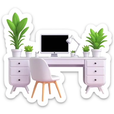 bright clean teenage room with white furniture, white vanity, white desk, white bed, and potted plants sticker