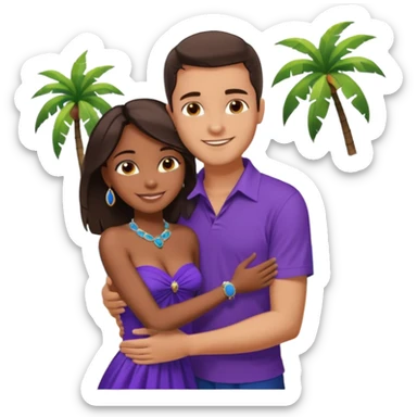 Tan tall brunette European male in blue shirt smiling and hugging a jet black African girl in purple strapless dress and blue jewelry they are on a beach with palm trees sticker