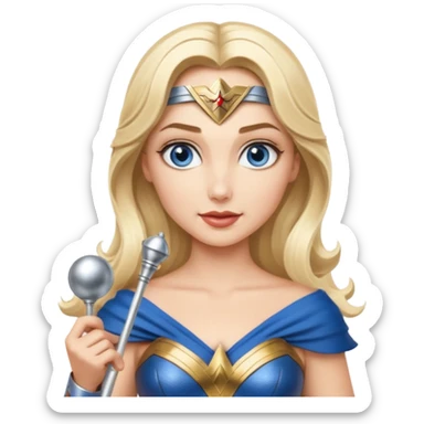 Blonde blue eyes Wonder Woman holding bell and short white orchestra conductor’s baton  sticker