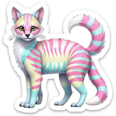 Colorful tropical tribal pale light fruity pastel white glorious iridescent divine exotic cute albino neon vibrant zigzagged cool beautiful fantasy-caracal-civet-genet-sergal-vernid-Gryphon-Cacomistle-Trico-oncilla-animal-Fakémon-hybrid-fursona (full body), facial markings,  sticker