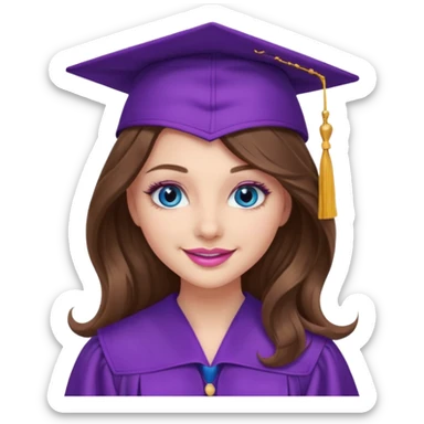 girl with long wavy brown hair, blue eyes, long lashes makeup, sexy pink lips, wearing a purple graduation cap and gown sticker