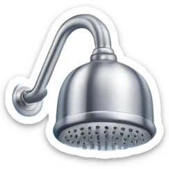 "A clean emoji icon of a silver shower head running with blue water falling downward in streams and steam wisps rising, minimal flat design, bright and refreshing colors, transparent background" sticker