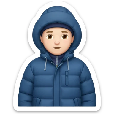 A man sitting on a chair, wearing a puffed coat with hood, hands in his pocket, freezing in the winter sticker