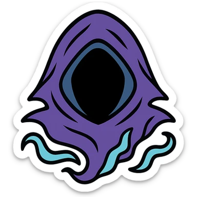 flat color vector emoji of a ghostly, hooded figure's head, faceless, made of swirling smoke and shadow, torn and ruffled hood, surprised expression shown by interplay of light and shadow on the hood, dark, ethereal, and mysterious sticker