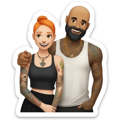 Indian Beard guy with bald head and tattoos on left hand hugging a ginger hair Croatian girl with septum ring and tattoos on right hand  sticker