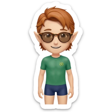 elf male legolas portrait, classic navy swim trunks, timeless wayfarer sunglasses (tortoiseshell), windswept auburn hair, friendly smile, clear pointy ears, no background, centered emoji, iconic summer look sticker