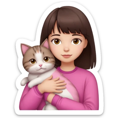 a cute white girl with bangs and straight dark brown hair, brown eye, light makeup wear a pink clothes hugs a cute chubby cat sticker