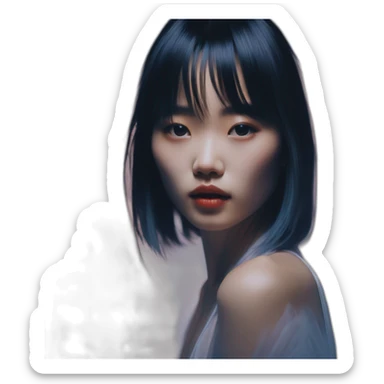 chinese girl david bellemere, bathed in shadows, fov 90 degrees, short lighting, cold colors, gilded technique, extremely hyper aesthetic sticker