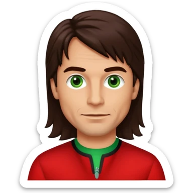 Robert Pilatus, German Singer (1964-1998) with tan skin, long dark brown hair, green eyes, red outfit sticker