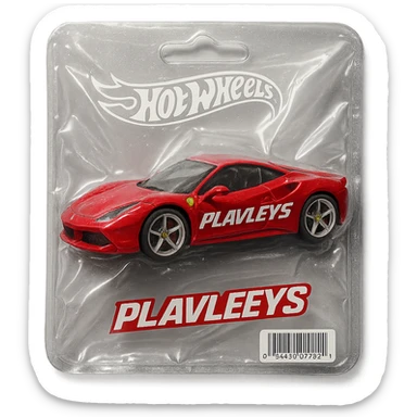 red Ferrari car with the word 'PLAVLEYS' in racing style lettering on the side, inside a Hot Wheels blister package, glossy and puffy, vacuum-sealed style sticker